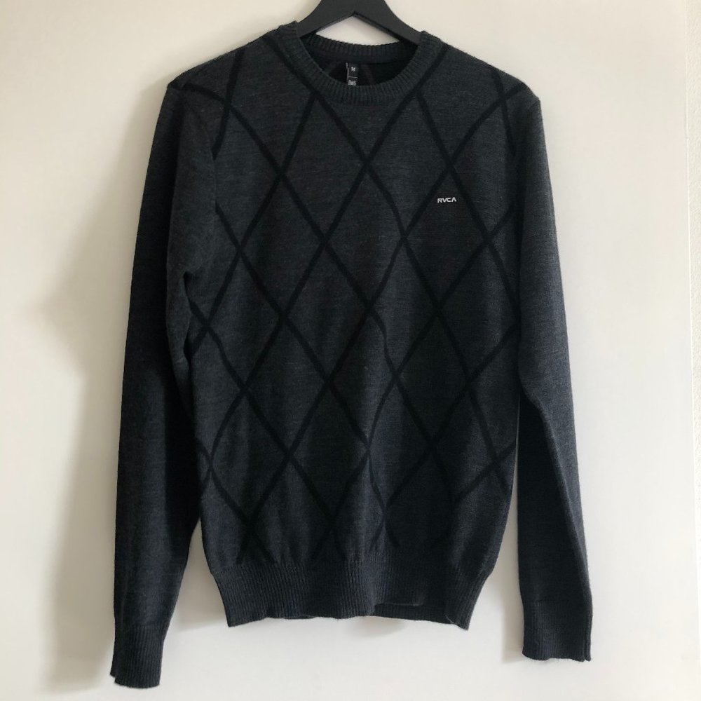 RVCA Men's Wool Blend Black & Gray Argyle Pullover Sweater, Medium